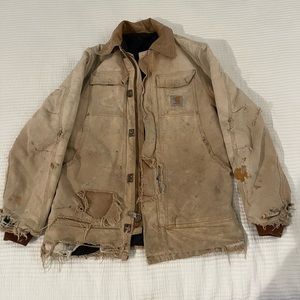 Vintage Carhartt Quilt Lined Tan Corduroy Collar Work Jacket Size Medium Stained